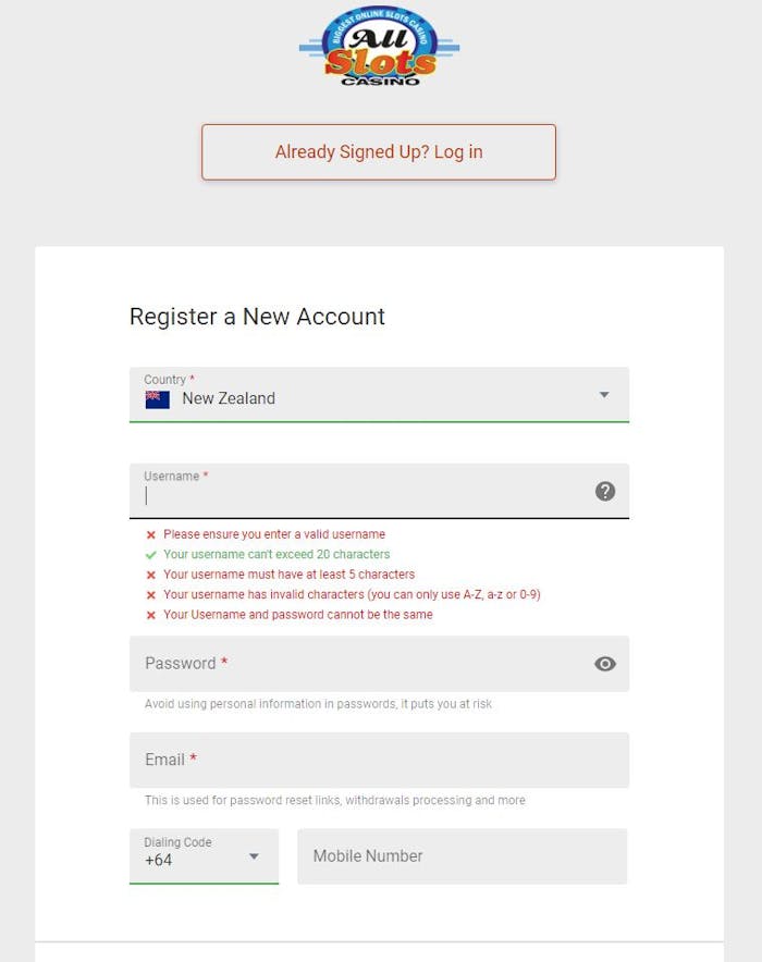 All Slots Casino account registration