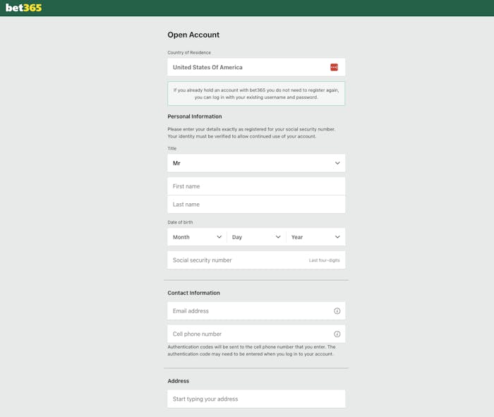 bet365 signup section