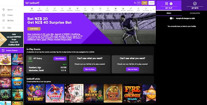 bet kwiff casino front page