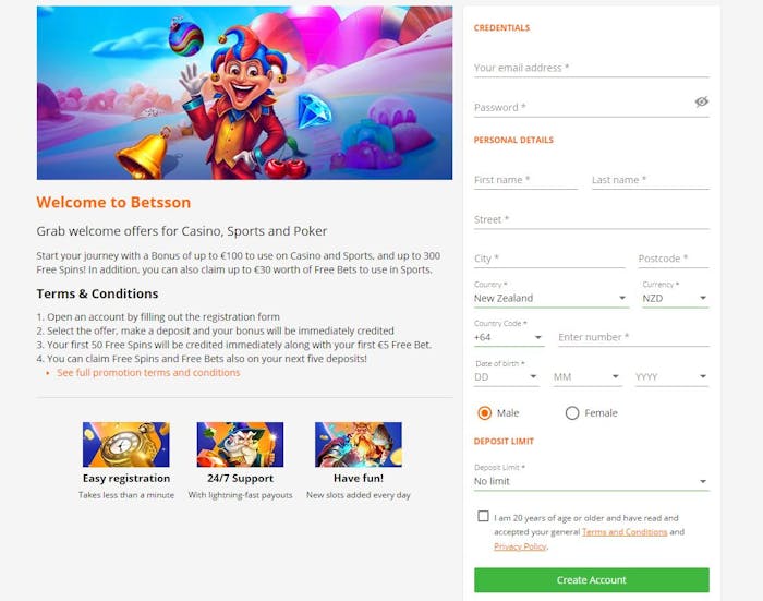 Betsson Casino new account registration