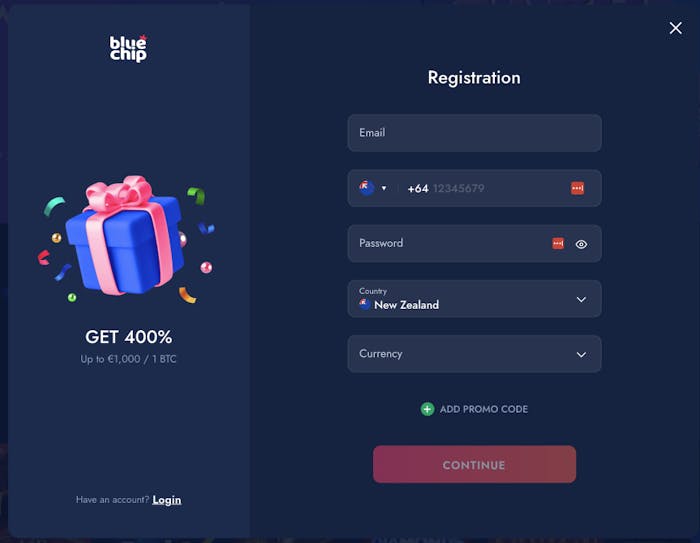 Bluechip Casino signup form
