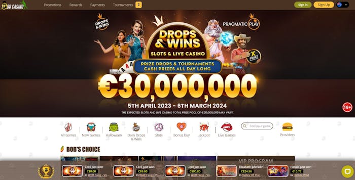 main page of Bob Casino site