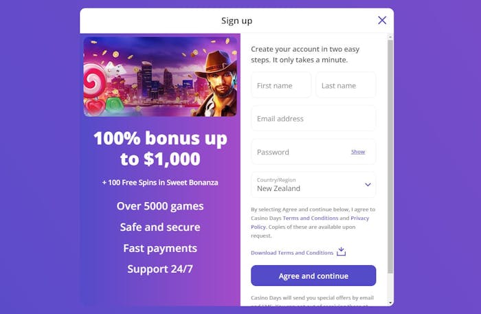 new account signup at Casino Days