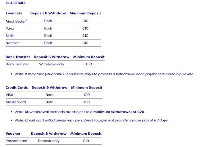 payment options Caxino Casino