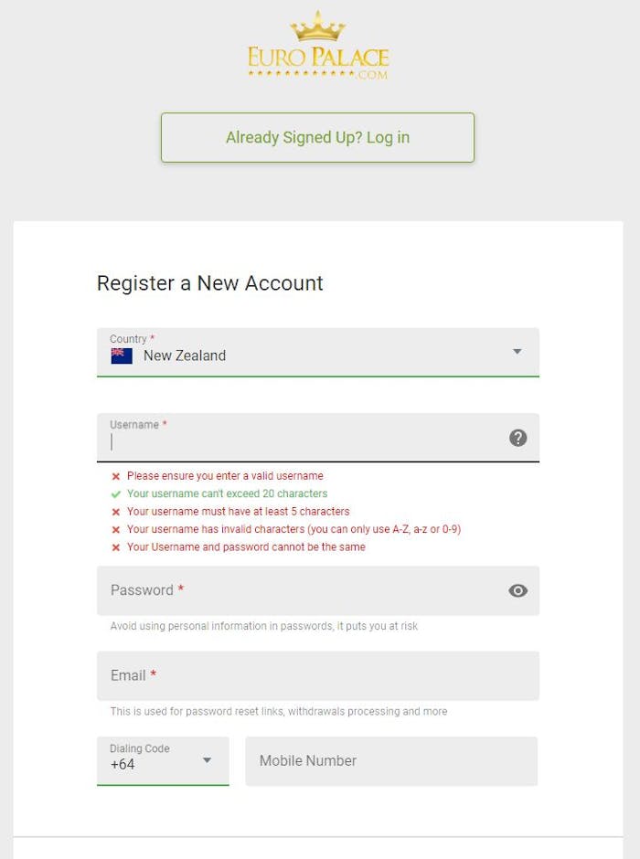 Euro Palace Casino new account registration