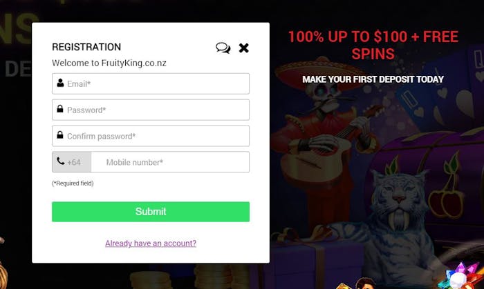 signup form at Fruity King Casino
