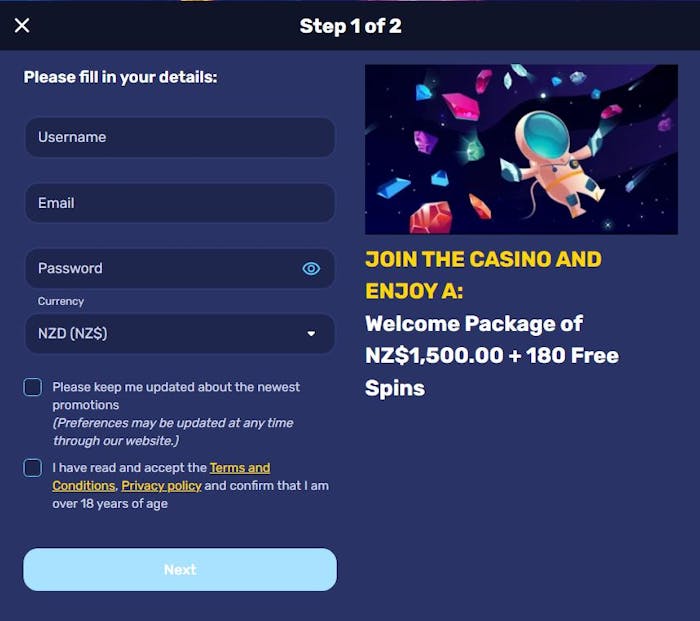 sign up at Galactic Wins Casino