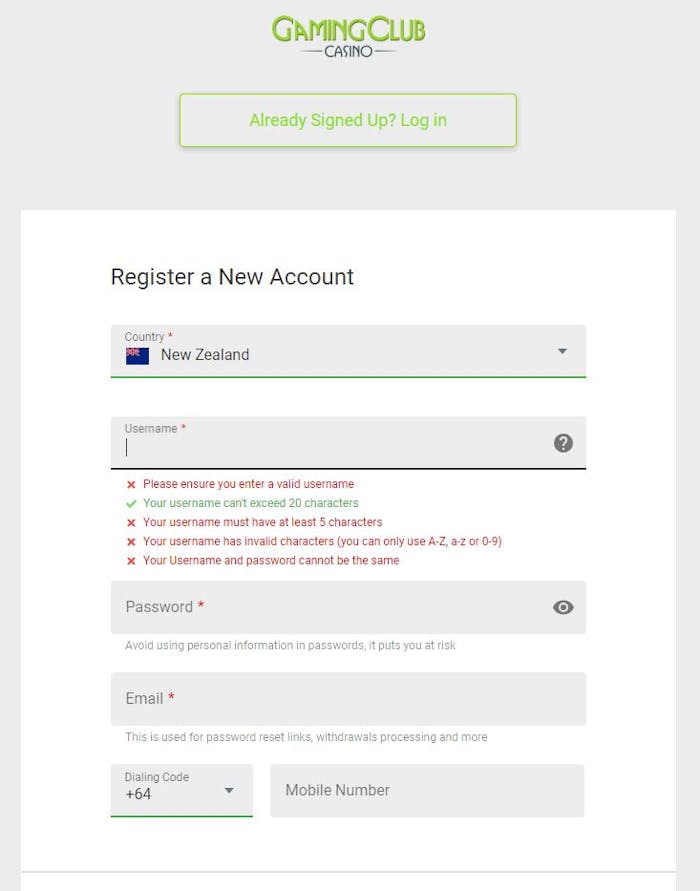 new account registration Gaming Club Casino