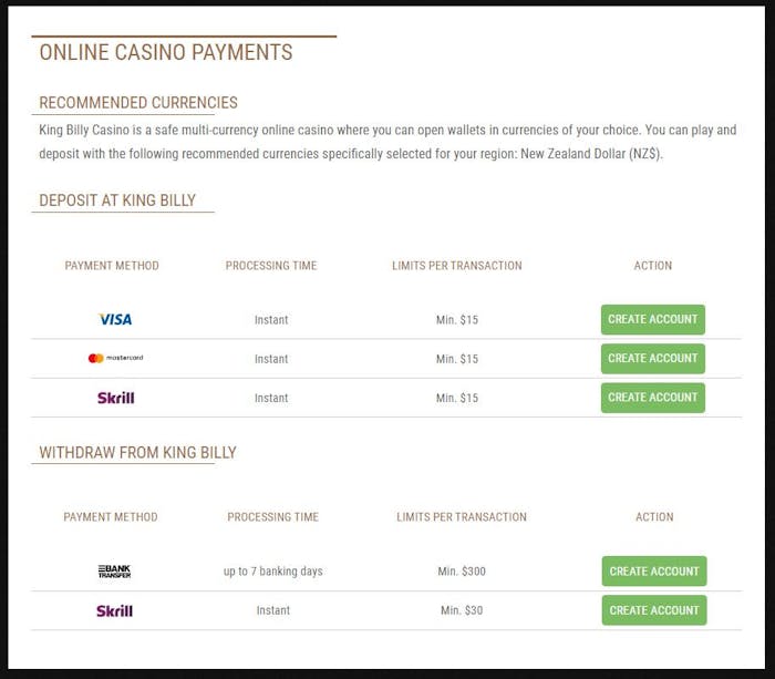 payment options at King Billy Casino