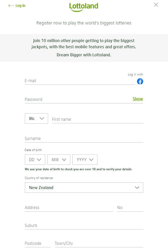 Lottoland Casino signup form