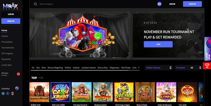 Mirax Casino homepage