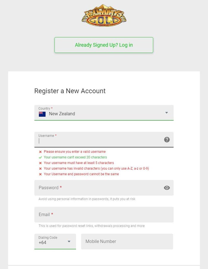 Mummys Gold Casino account registration