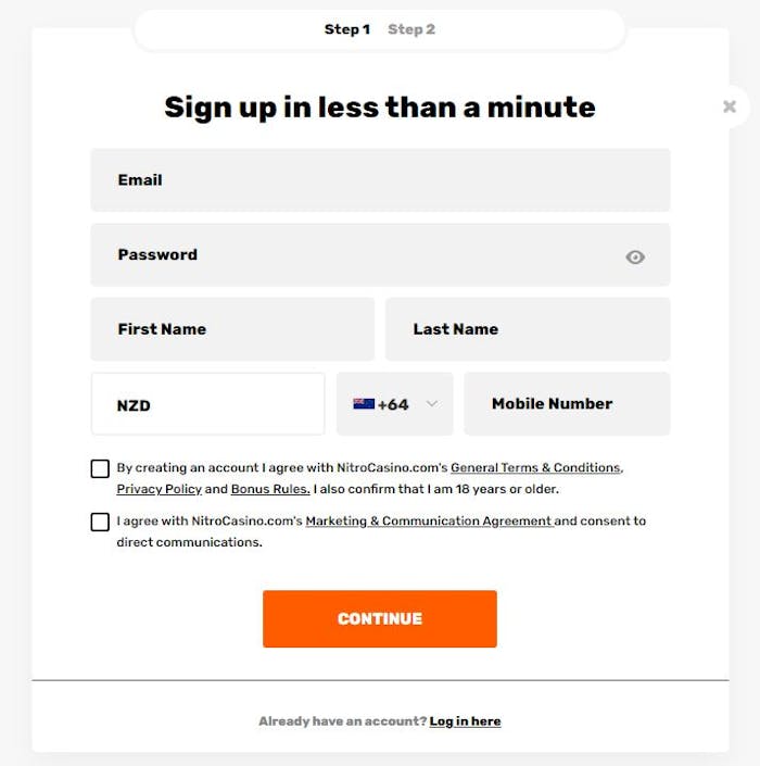 new account sign up at Nitro Casino
