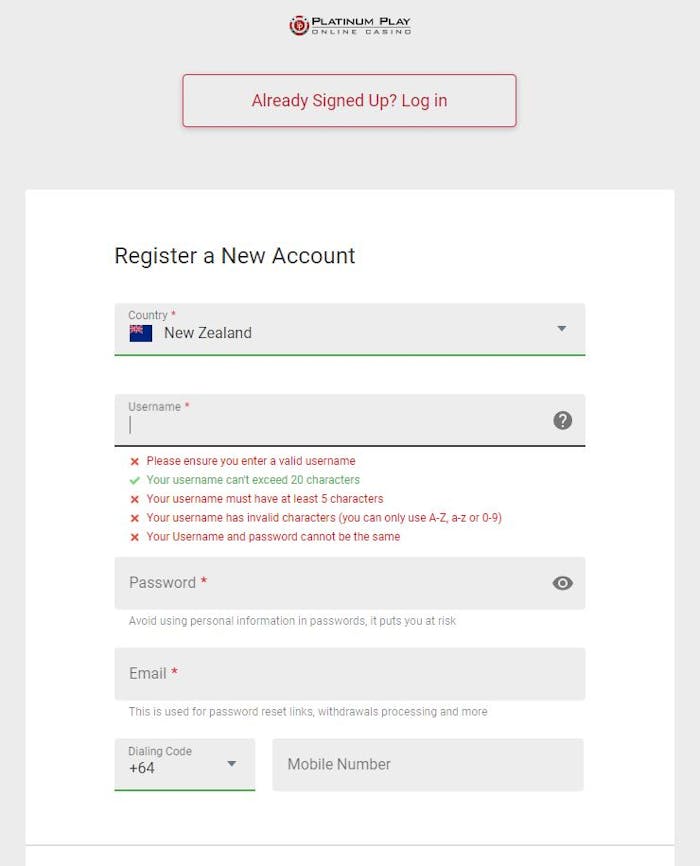 sign up at Platinum Play Casino