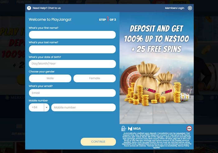 Playjango Casino account registration