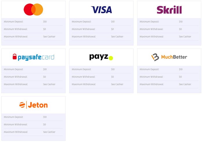 PlayOJO Casino payment selections