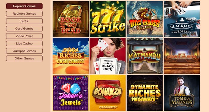 Queen Vegas Casino games selection