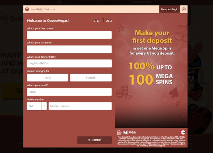 Queen Vegas Casino sign up form