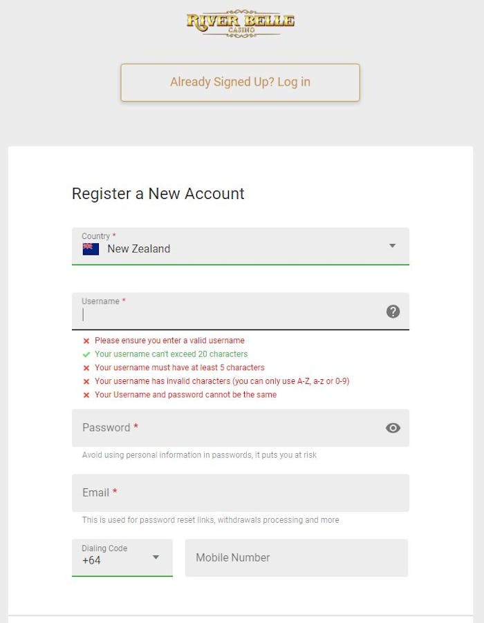 River Belle Casino account sign up