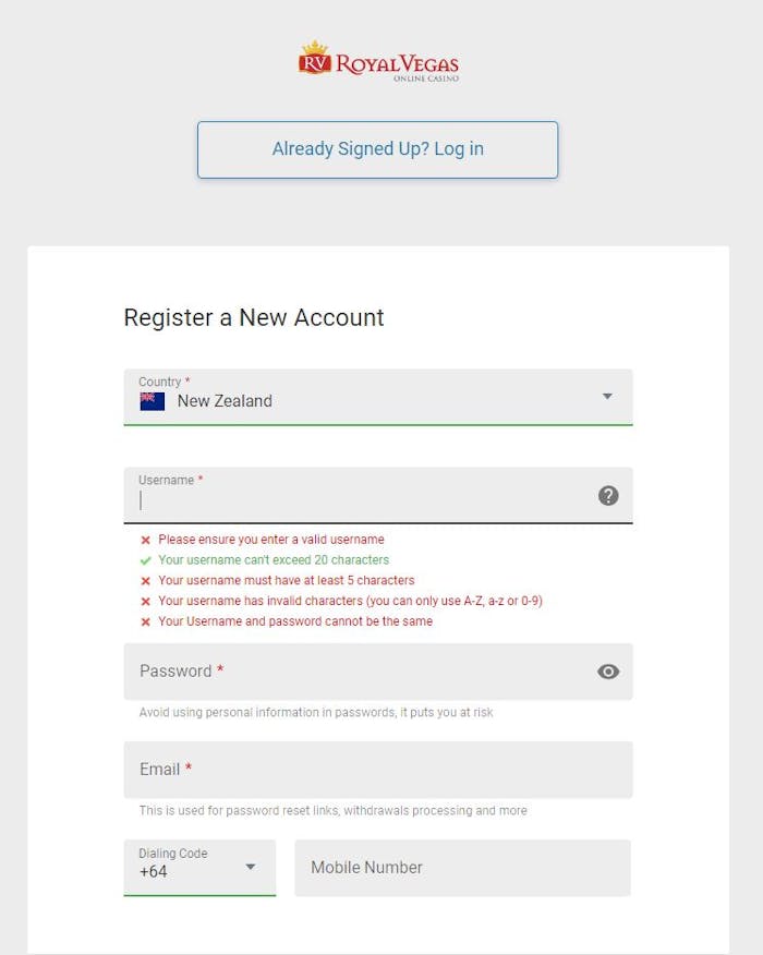 registration in Royal Vegas Casino