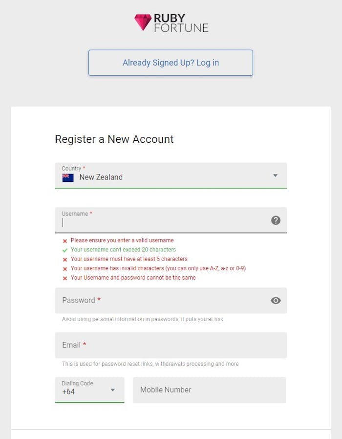Ruby Fortune Casino account registration