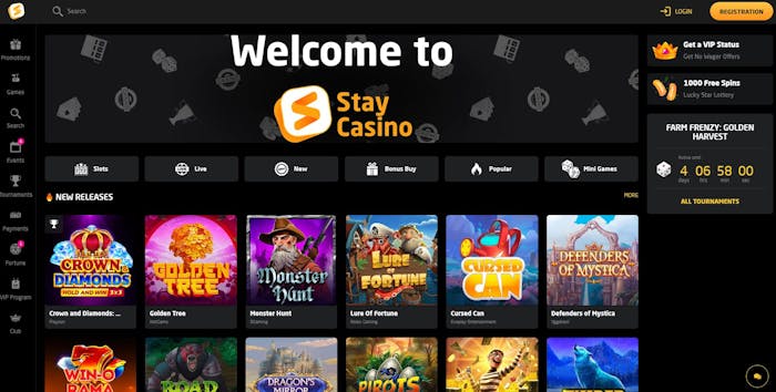 frontpage of Stay Casino website