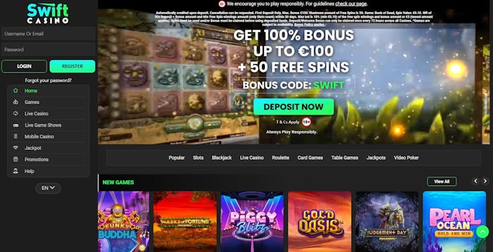 Swift Casino homepage