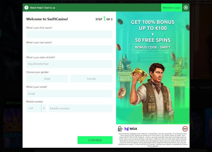 new account sign up at Swift Casino
