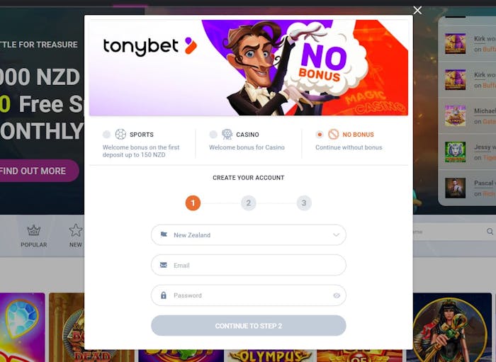 TonyBet Casino account signup