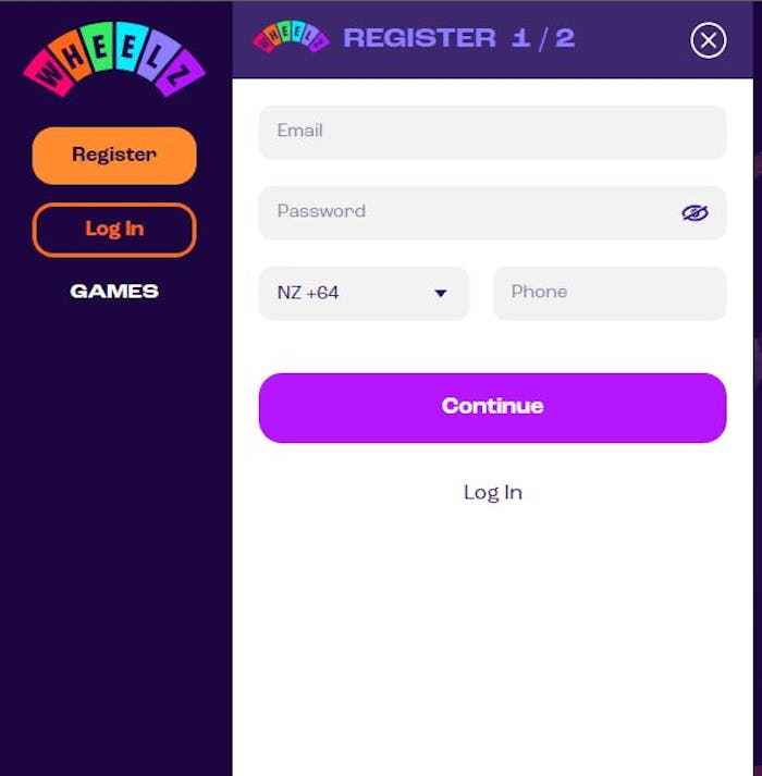 new account registration at Wheelz Casino
