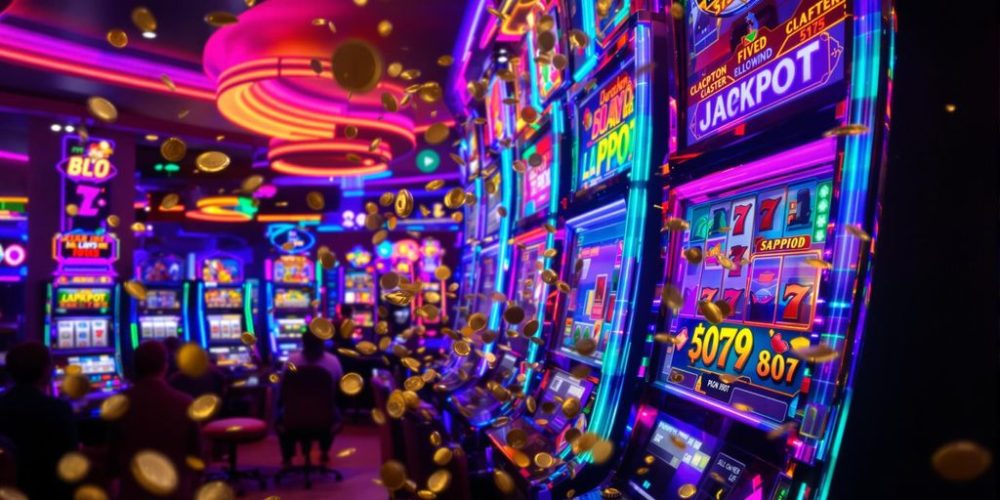 Casino slot machines with players and bright lights.